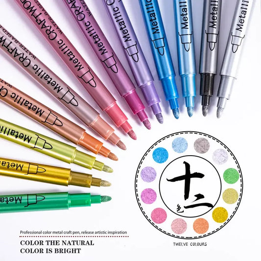 12 Colors Metallic Markers Pens Silver Gold Paint Pens for Black Paper, Glass, Rock Painting