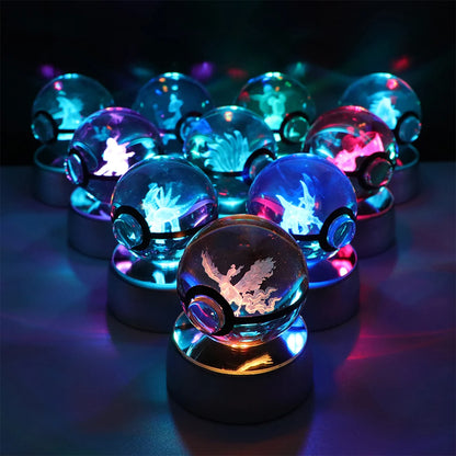 Pokemon 3D Crystal Ball Pikachu Gengar Eevee Mewtwo Anime Pokeball with Led Night Light Base