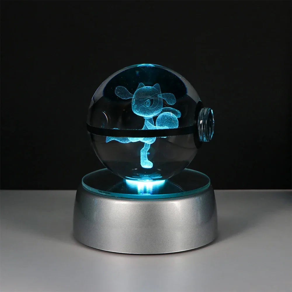 Pokemon 3D Crystal Ball Pikachu Gengar Eevee Mewtwo Anime Pokeball with Led Night Light Base