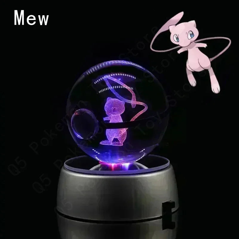 Pokemon 3D Crystal Ball Pokeballs with LED Light Base, Kids Anime Toy Gifts