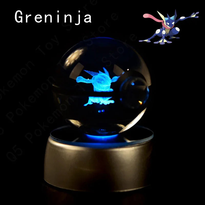 Pokemon 3D Crystal Ball Pokeballs with LED Light Base, Kids Anime Toy Gifts