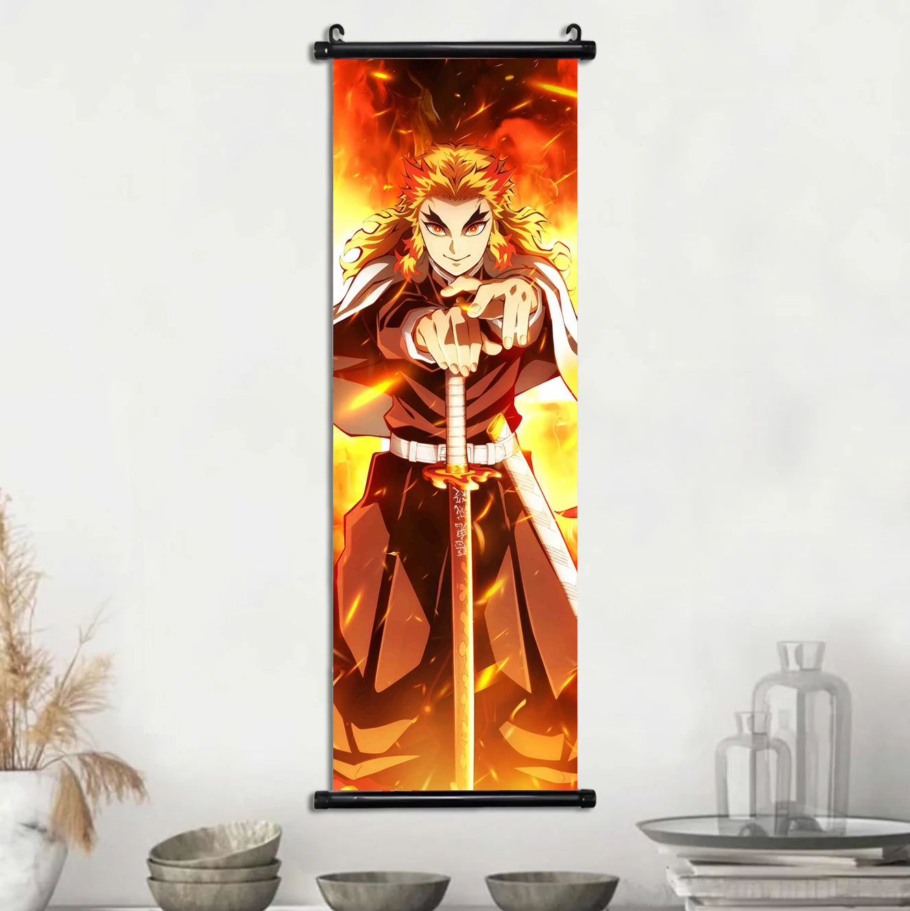 Demon Slayer Scroll Wall Art, Hashira Nezuko Agatsuma Zenitsu Inosuke Scroll Canvas Wall Hanging Painting Home Decor Anime Poster for Bedrooms