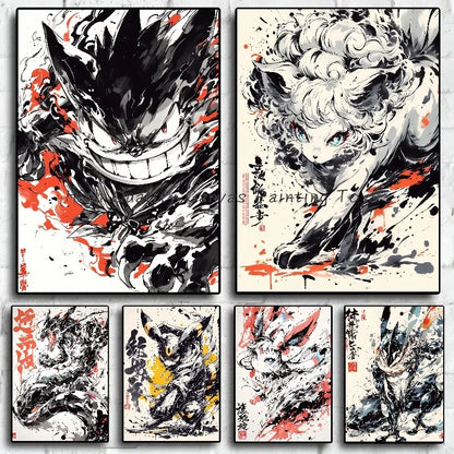 Anime Pokemon Ink Painting Canvas Posters, Painting Prints Posters and Prints Wall Art Picture for Living Room Children Gift