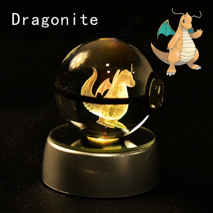 Pokemon 3D Crystal Ball Pokeballs with LED Light Base, Kids Anime Toy Gifts