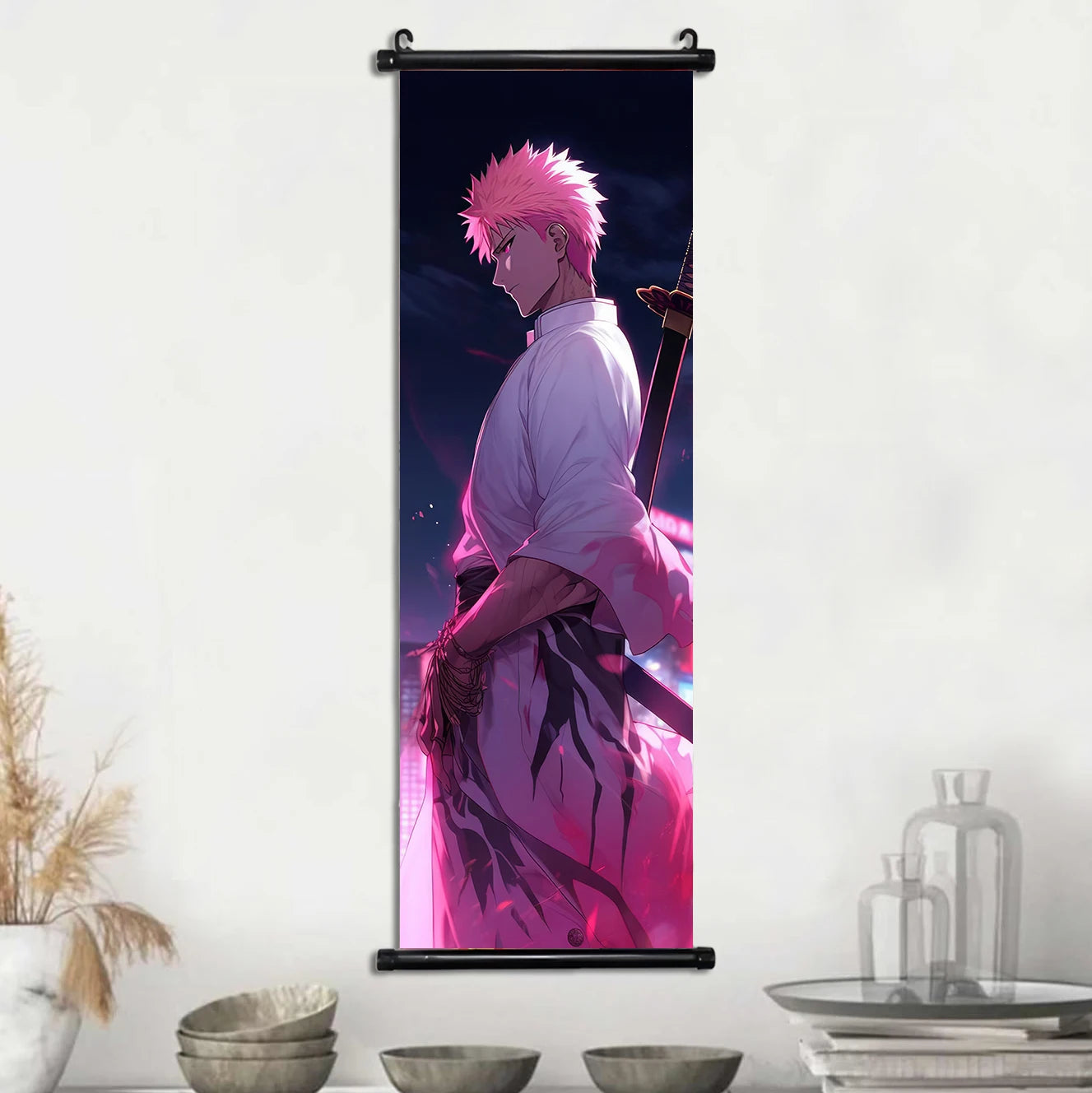 Bleach Anime Scroll Wall Art Poster, Decorative Print Ichigo Kurosaki, Hitsugaya Toshiro, and Grimmjow Jaegerjaquez Canvas Home Decor