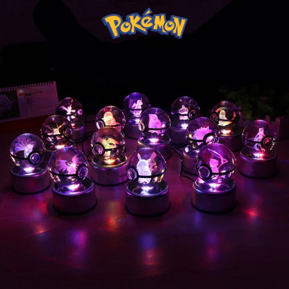 Pokemon 3D Crystal Ball Pokeballs with LED Light Base, Kids Anime Toy Gifts