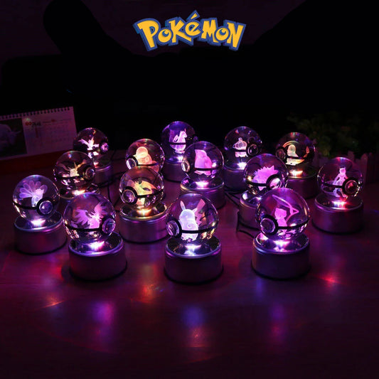 Pokemon 3D Crystal Ball Pokeballs with LED Light Base, Kids Anime Toy Gifts