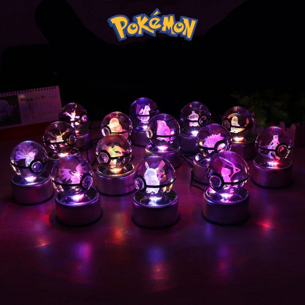 Pokemon 3D Crystal Ball Pokeballs with LED Light Base, Kids Anime Toy Gifts