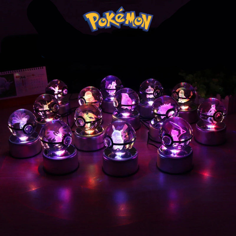 Pokemon 3D Crystal Ball Pokeballs with LED Light Base, Kids Anime Toy Gifts