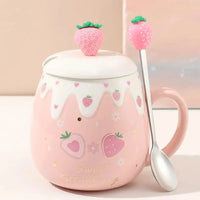 Pink Strawberry Mug With Lid & Spoon