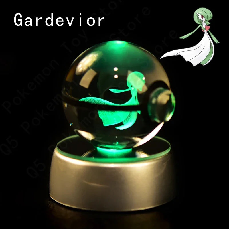 Pokemon 3D Crystal Ball Pokeballs with LED Light Base, Kids Anime Toy Gifts