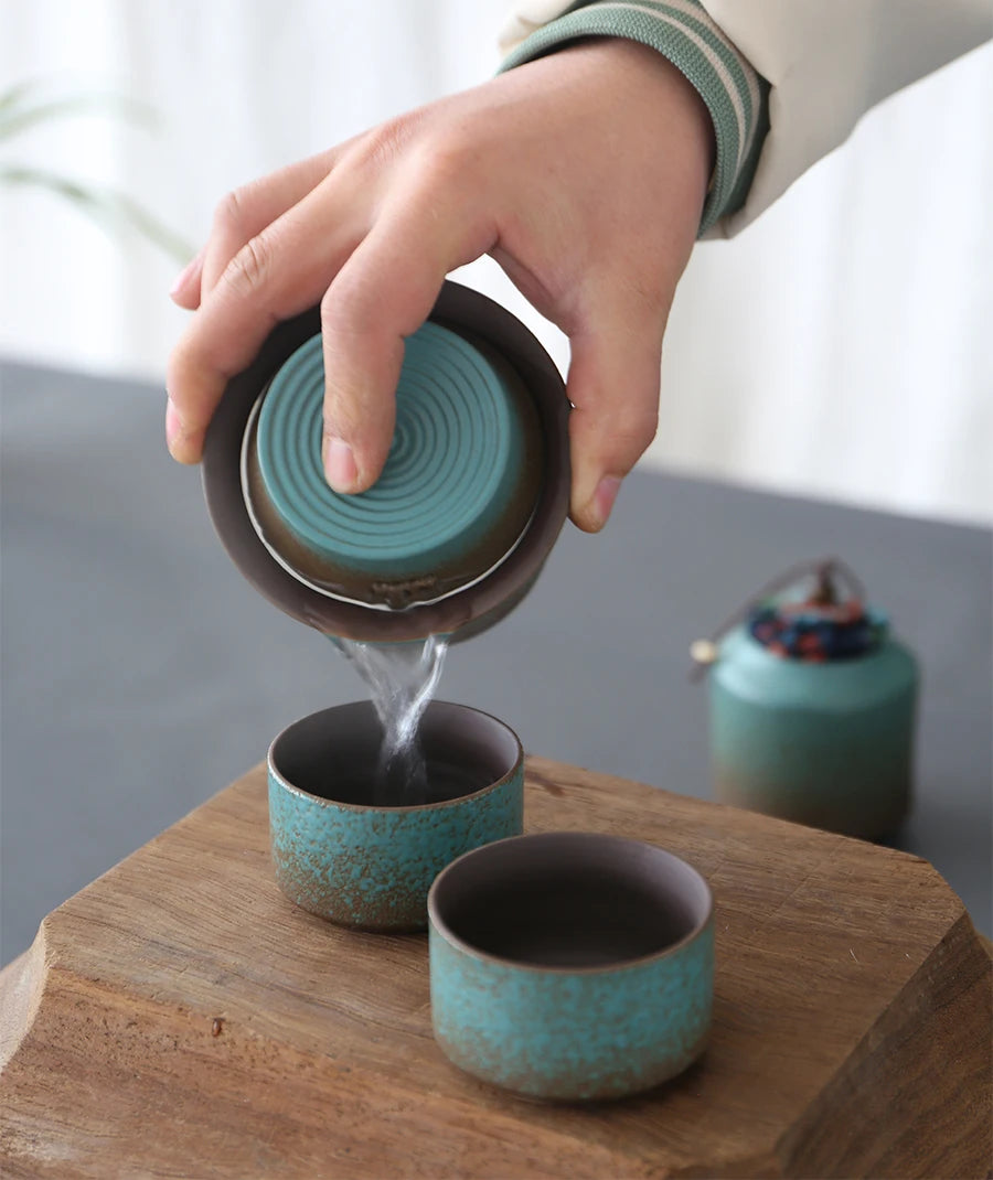 Vintage Spring Green Pottery One Kettle One Cup with Lid 4 Mini Cups Tea Caddy, Simple Small Tea Set Handwork and Craftsmanship