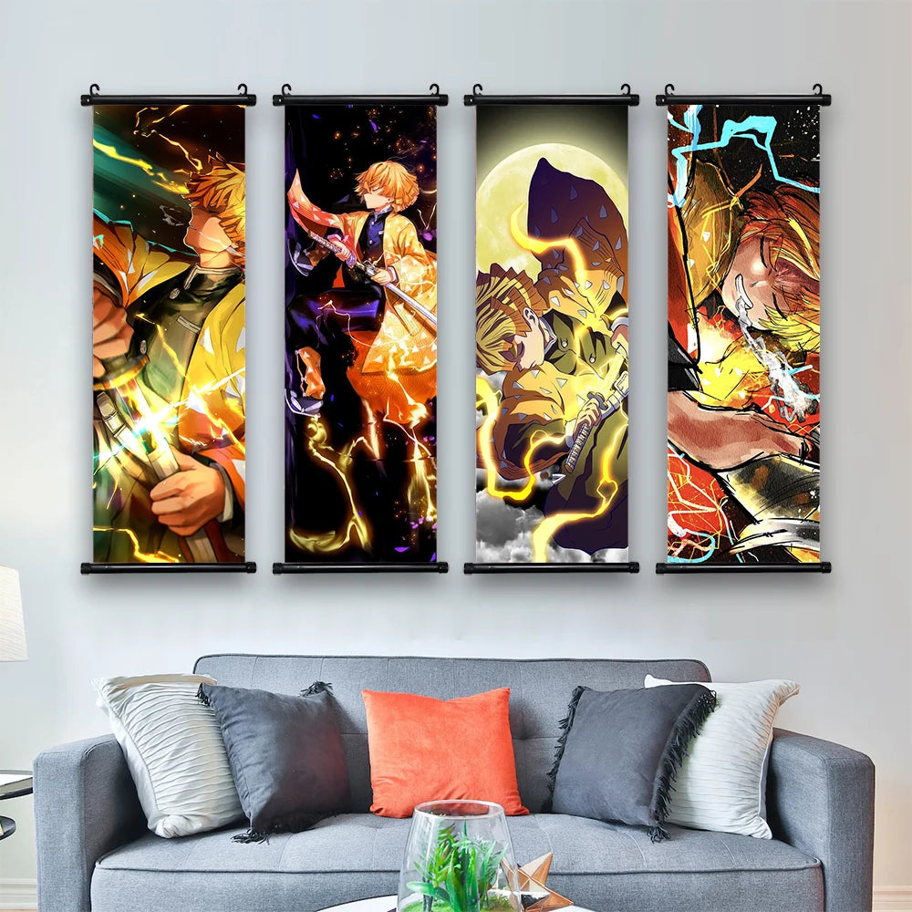 Demon Slayer Scroll Wall Art, Hashira Nezuko Agatsuma Zenitsu Inosuke Scroll Canvas Wall Hanging Painting Home Decor Anime Poster for Bedrooms