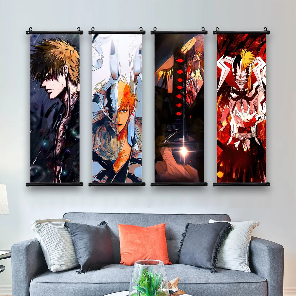 Bleach Scroll Wall Art, Hanging Prints Wall Artwork Kurosaki Ichigo Scrolls Canvas Japanese Anime Posters Home Decor for Living Room