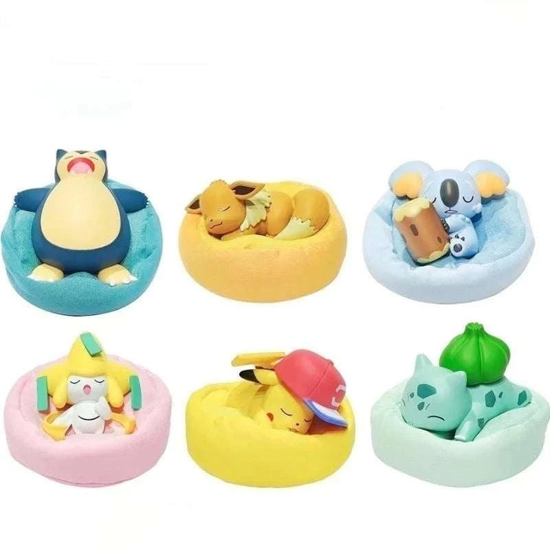 Mini Pokemon Anime Figurines, Sleeping Bean Bag Pikachu Bulbasaur Snorlax Evee Jirachi Komala 6pc Figure Set CLOUDANIMESTUDIO