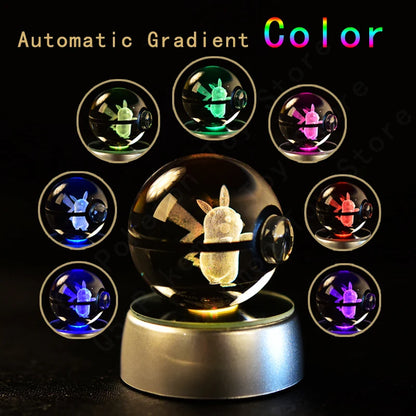 Pokemon 3D Crystal Ball Pokeballs with LED Light Base, Kids Anime Toy Gifts