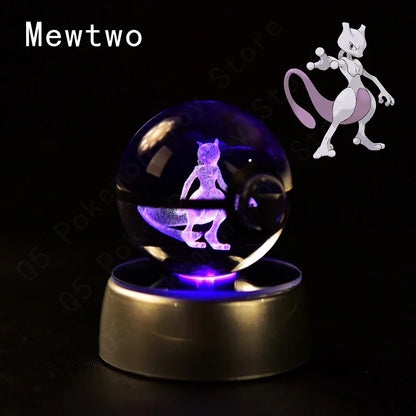 Pokemon 3D Crystal Ball Pokeballs with LED Light Base, Kids Anime Toy Gifts