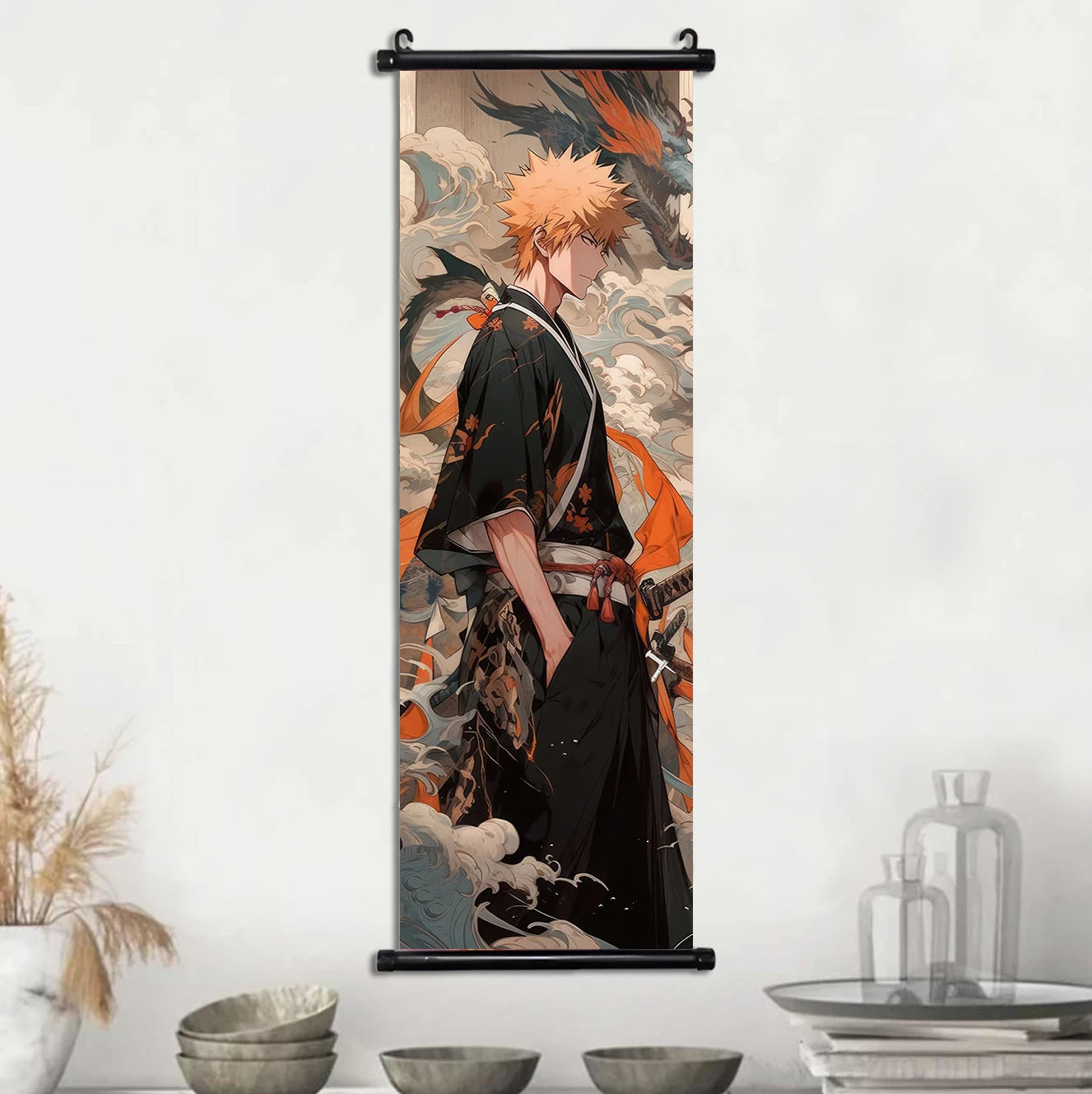 Bleach Anime Scroll Wall Art Poster, Decorative Print Ichigo Kurosaki, Hitsugaya Toshiro, and Grimmjow Jaegerjaquez Canvas Home Decor