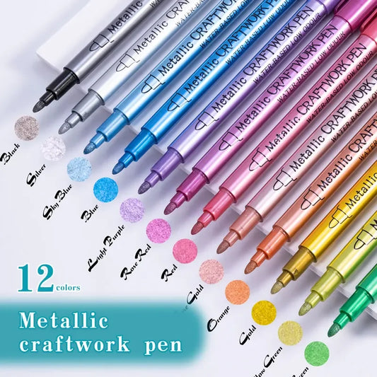 12 Colors Metallic Markers Pens Silver Gold Paint Pens for Black Paper, Glass, Rock Painting