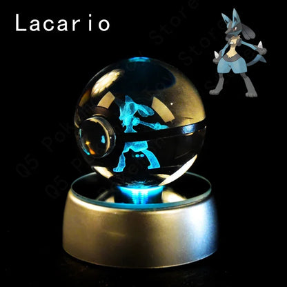 Pokemon 3D Crystal Ball Pokeballs with LED Light Base, Kids Anime Toy Gifts