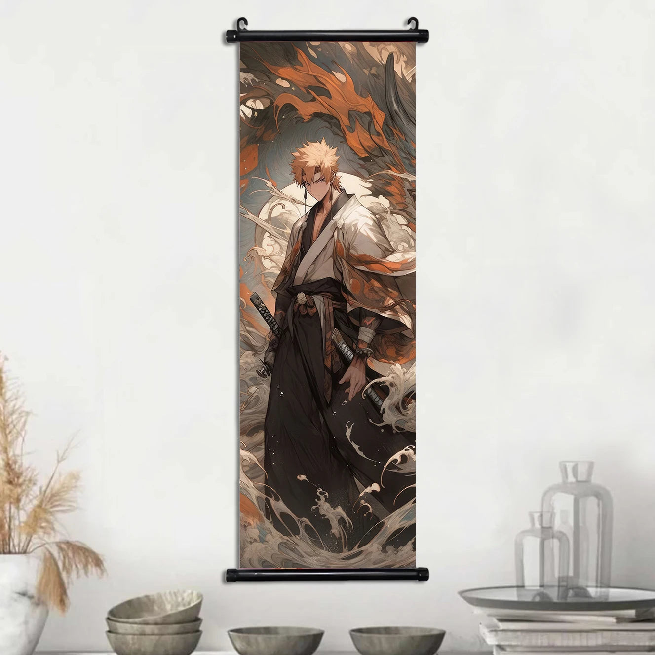 Bleach Anime Scroll Wall Art Poster, Decorative Print Ichigo Kurosaki, Hitsugaya Toshiro, and Grimmjow Jaegerjaquez Canvas Home Decor