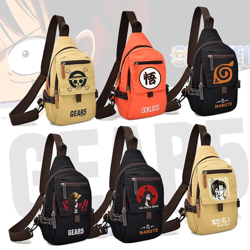 Popular Anime Style Shoulder Canvas Backpack, Luffy Naruto Dragon Ball For Students Crossbody Bag Chest Bag One Piece, Dragon Ball, Naruto, Attack on Titan 35X20CM