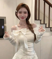 Sweet Bow Off-Shoulder Long Sleeve Shirt
