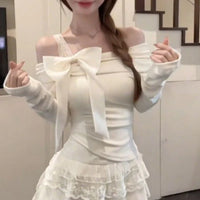 Sweet Bow Off-Shoulder Long Sleeve Shirt