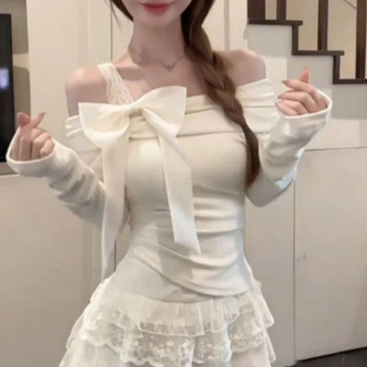 Sweet Bow Off-Shoulder Long Sleeve Shirt
