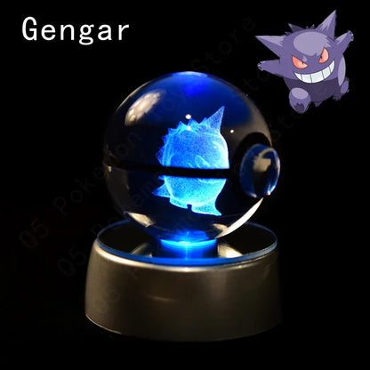Pokemon 3D Crystal Ball Pokeballs with LED Light Base, Kids Anime Toy Gifts