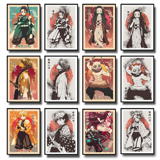 Demon Slayer Posters, Anime Retro Poster Tanjiro Kamado Kamado Nezuko Hashibira Inosuke Shinobu Kocho
Breath Techniques Decorative Wall Art