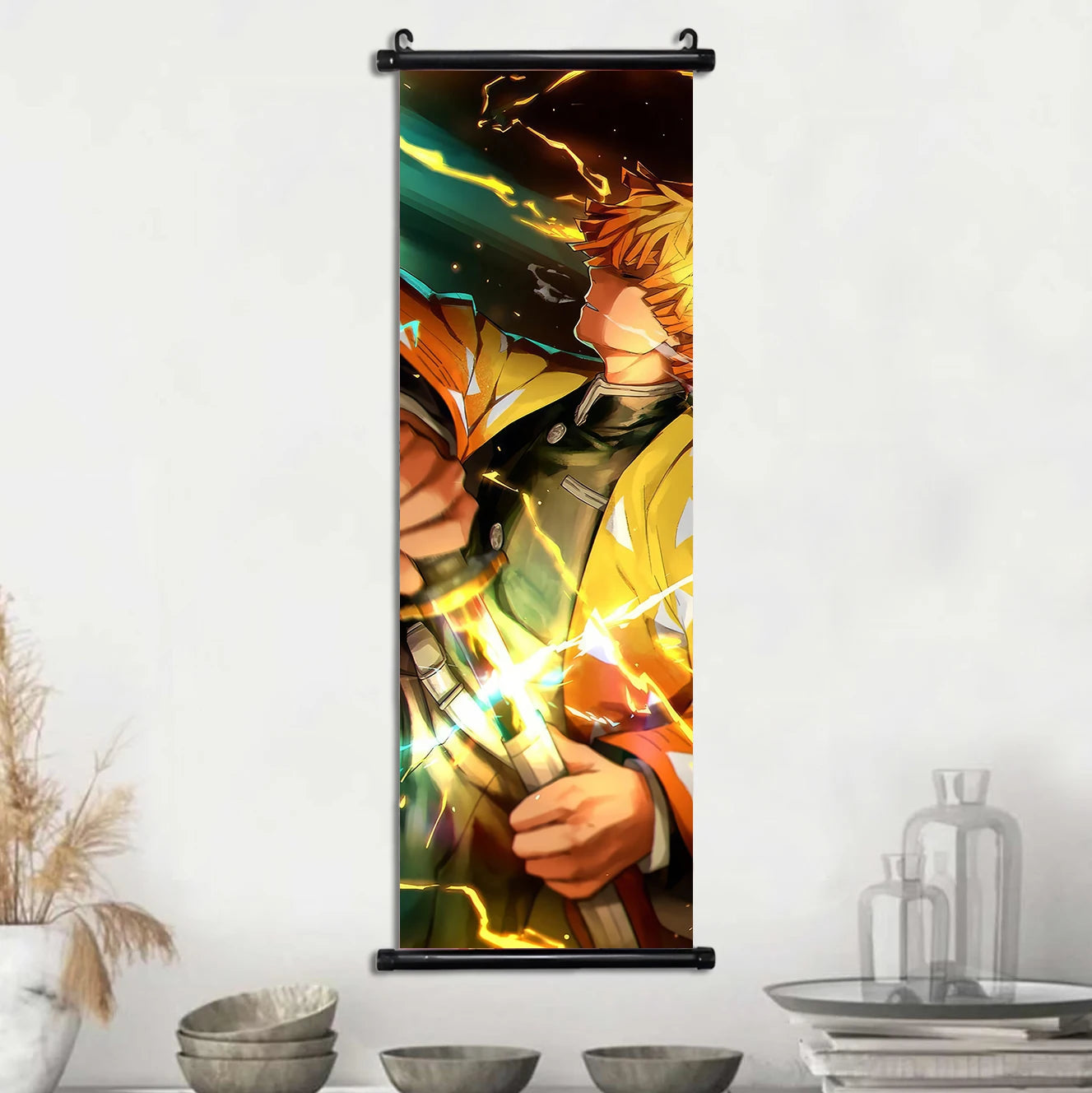 Demon Slayer Scroll Wall Art, Hashira Nezuko Agatsuma Zenitsu Inosuke Scroll Canvas Wall Hanging Painting Home Decor Anime Poster for Bedrooms