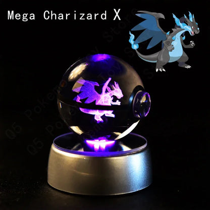 Pokemon 3D Crystal Ball Pokeballs with LED Light Base, Kids Anime Toy Gifts