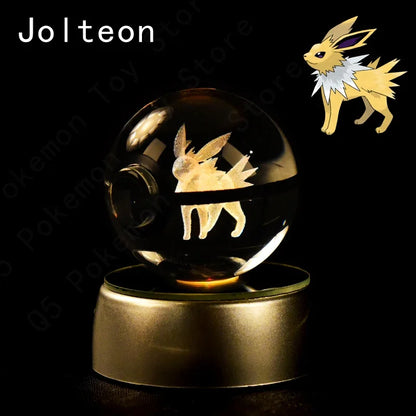 Pokemon 3D Crystal Ball Pokeballs with LED Light Base, Kids Anime Toy Gifts