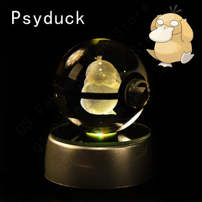 Pokemon 3D Crystal Ball Pokeballs with LED Light Base, Kids Anime Toy Gifts