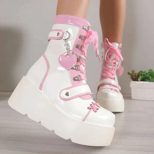 Kawaii White & Pink Platform Boots CLOUDANIMESTUDIO