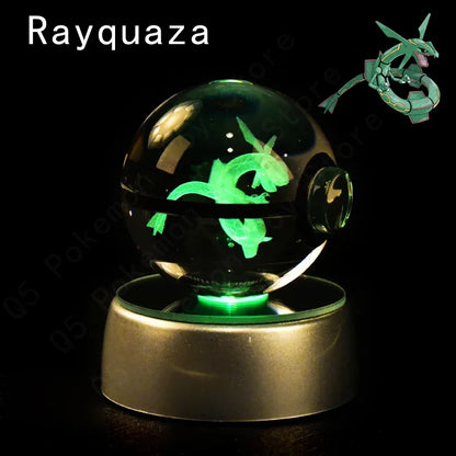Pokemon 3D Crystal Ball Pokeballs with LED Light Base, Kids Anime Toy Gifts
