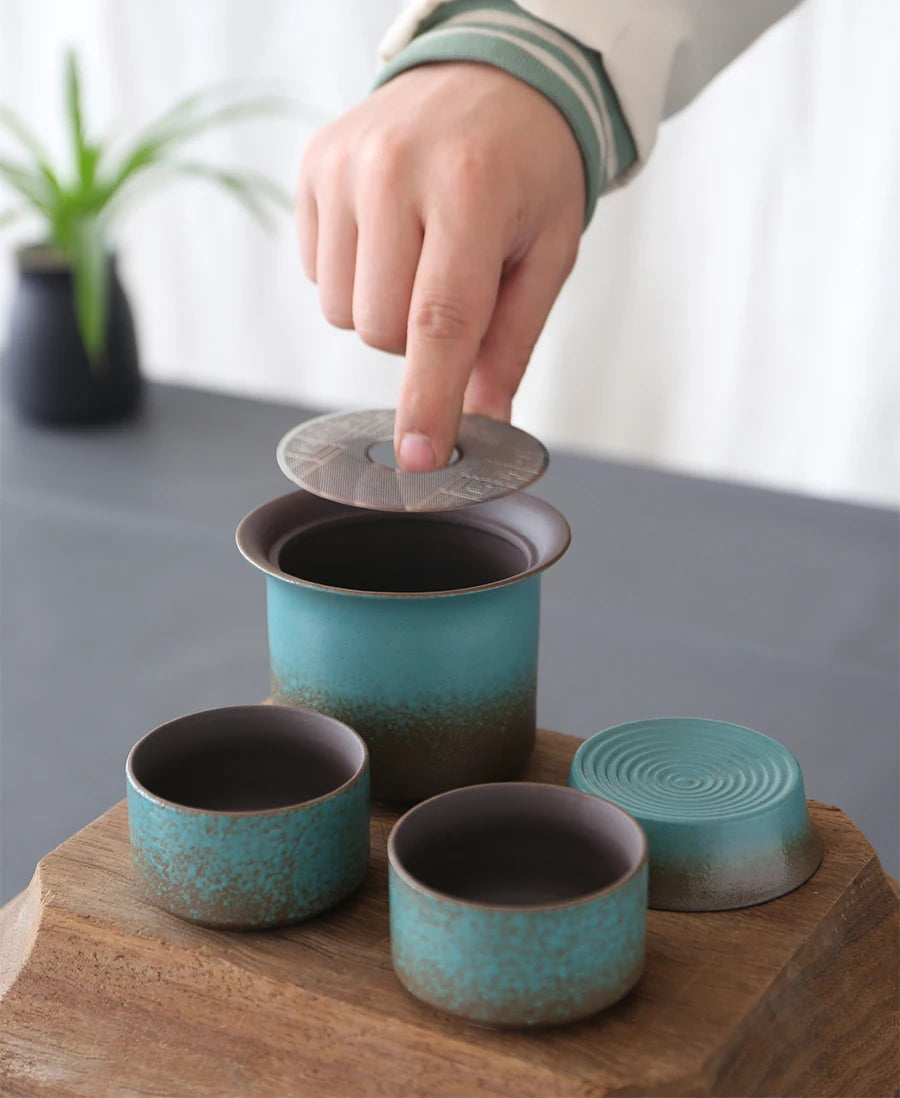 Vintage Spring Green Pottery One Kettle One Cup with Lid 4 Mini Cups Tea Caddy, Simple Small Tea Set Handwork and Craftsmanship