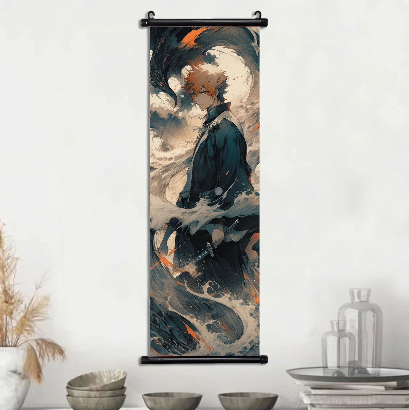 Bleach Anime Scroll Wall Art Poster, Decorative Print Ichigo Kurosaki, Hitsugaya Toshiro, and Grimmjow Jaegerjaquez Canvas Home Decor