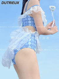 Cute Blue Argyle One Piece Swimsuit
