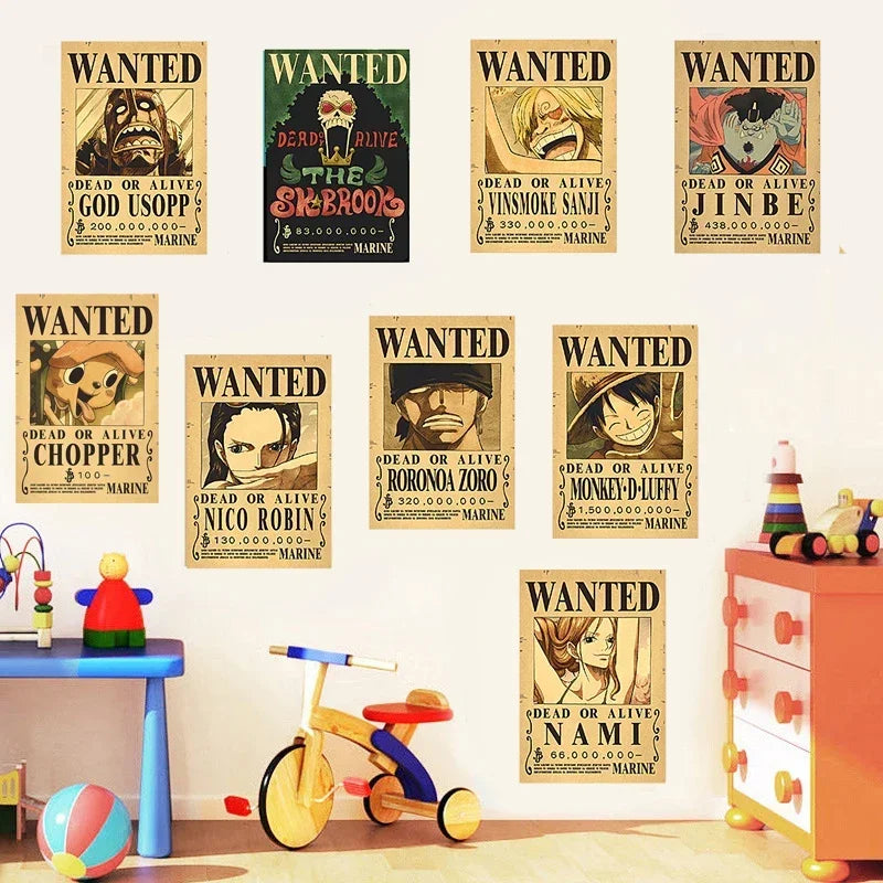 Anime One Piece Gear 5 Luffy Wanted Posters, Kids Bedroom Retro Poster Zoro Living Home Decoration Wall Art Paper Stickers