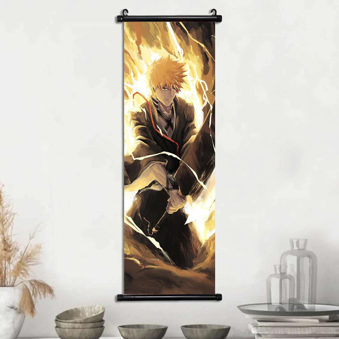 Bleach Scroll Wall Art, Hanging Prints Wall Artwork Kurosaki Ichigo Scrolls Canvas Japanese Anime Posters Home Decor for Living Room