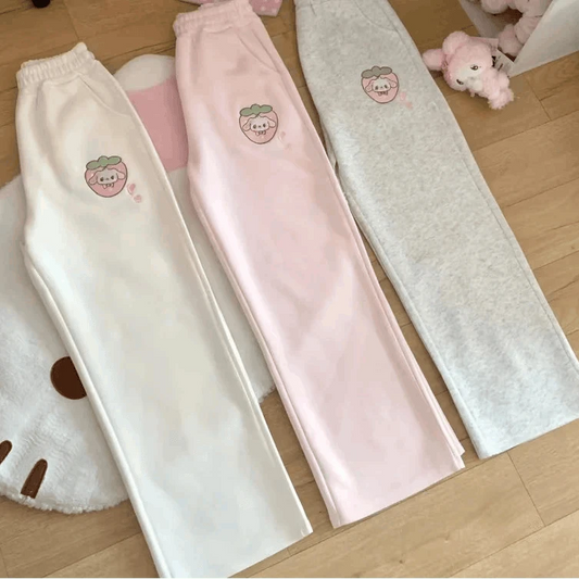 Kawaii Pastel Strawberry Puppy Casual Pants CLOUDANIMESTUDIO