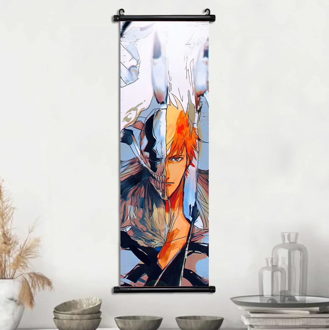 Bleach Scroll Wall Art, Hanging Prints Wall Artwork Kurosaki Ichigo Scrolls Canvas Japanese Anime Posters Home Decor for Living Room