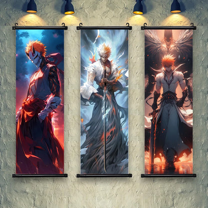 Bleach Anime Scroll Wall Art Poster, Decorative Print Ichigo Kurosaki, Hitsugaya Toshiro, and Grimmjow Jaegerjaquez Canvas Home Decor