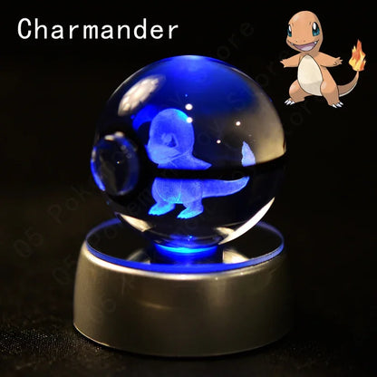 Pokemon 3D Crystal Ball Pokeballs with LED Light Base, Kids Anime Toy Gifts