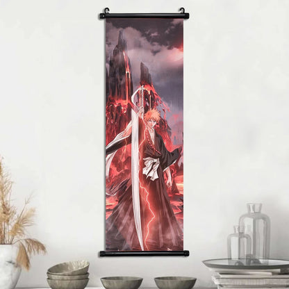 Bleach Scroll Wall Art, Hanging Prints Wall Artwork Kurosaki Ichigo Scrolls Canvas Japanese Anime Posters Home Decor for Living Room