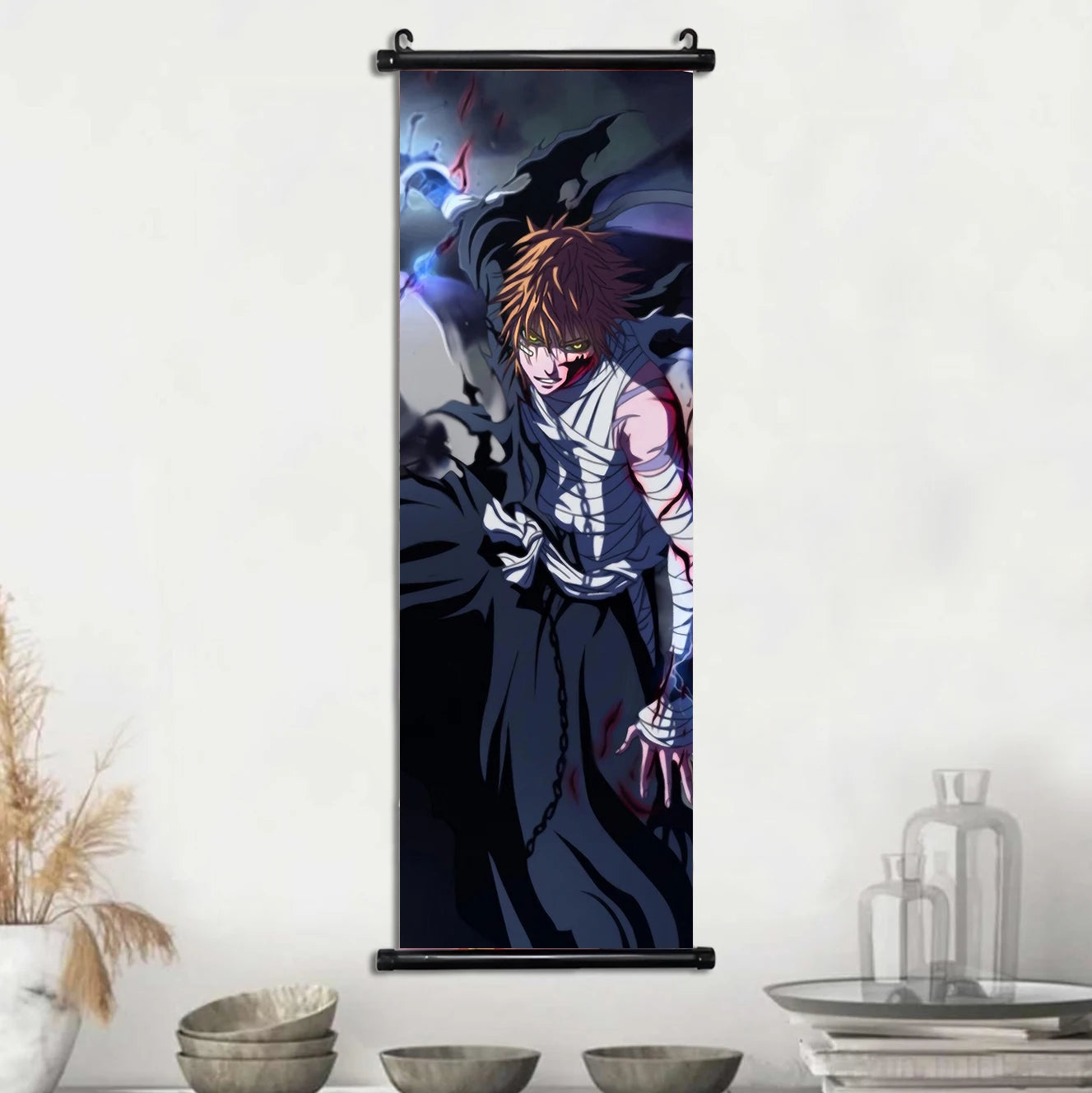 Bleach Scroll Wall Art, Hanging Prints Wall Artwork Kurosaki Ichigo Scrolls Canvas Japanese Anime Posters Home Decor for Living Room