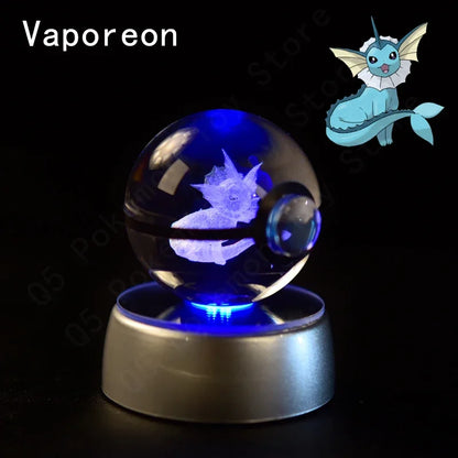 Pokemon 3D Crystal Ball Pokeballs with LED Light Base, Kids Anime Toy Gifts