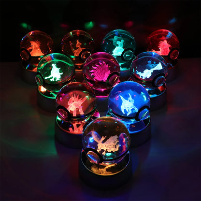 Pokemon 3D Crystal Ball Pikachu Gengar Eevee Mewtwo Anime Pokeball with Led Night Light Base